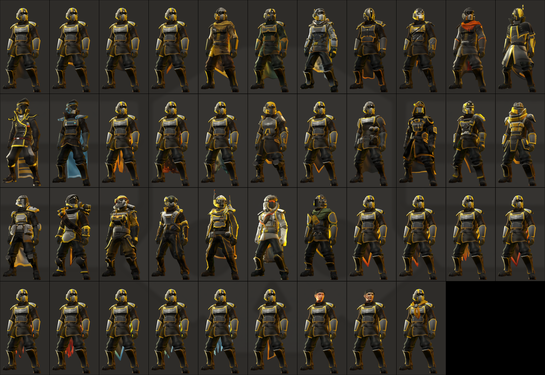 All armors as seen from the front (click for full size image)