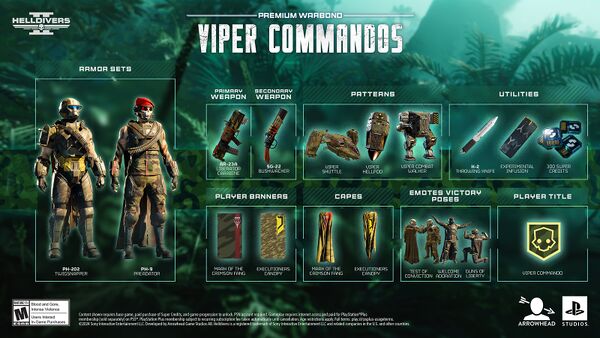 Overview of Arrowhead Game Studios' Viper Commandos Premium Warbond marketing material.