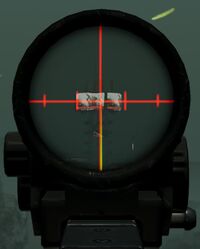 First-person scope reticle on the 50m setting, 100m target