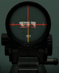 First-person scope reticle on the 100m setting, 100m target