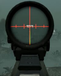 First-person scope reticle on the 25m setting, 100m target