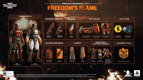 Overview of Arrowhead's Freedom's Flame Premium Warbond marketing material.